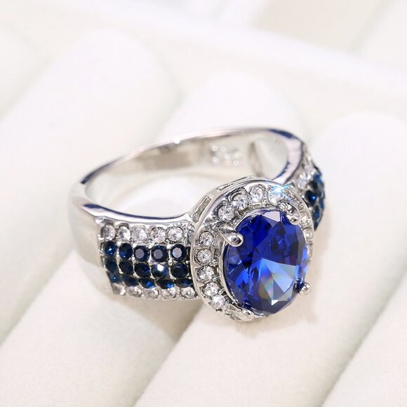 💍 Royal Blue Oval Zircon Multi Row Elegant Silver Trendy Rings for Women… - Picture 4 of 10